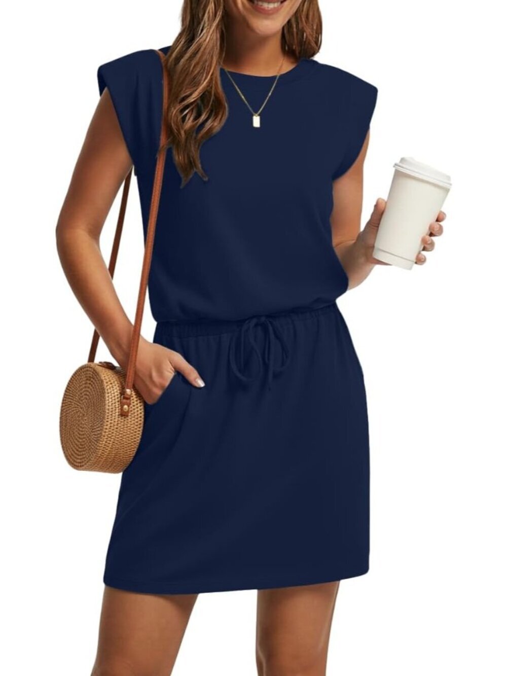 Women's Navy Blue Casual Cap Sleeve Crew Neck Drawstring Waist Mini Beach Dress
